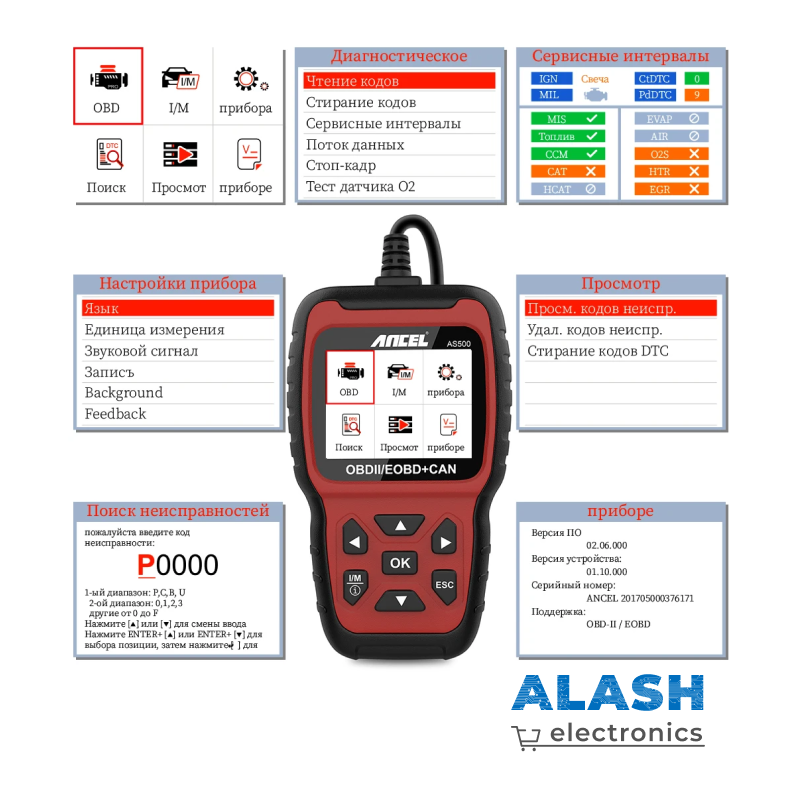 Автомобильный сканер Ancel AS500, OBD2 устройство для диагностики двигателя