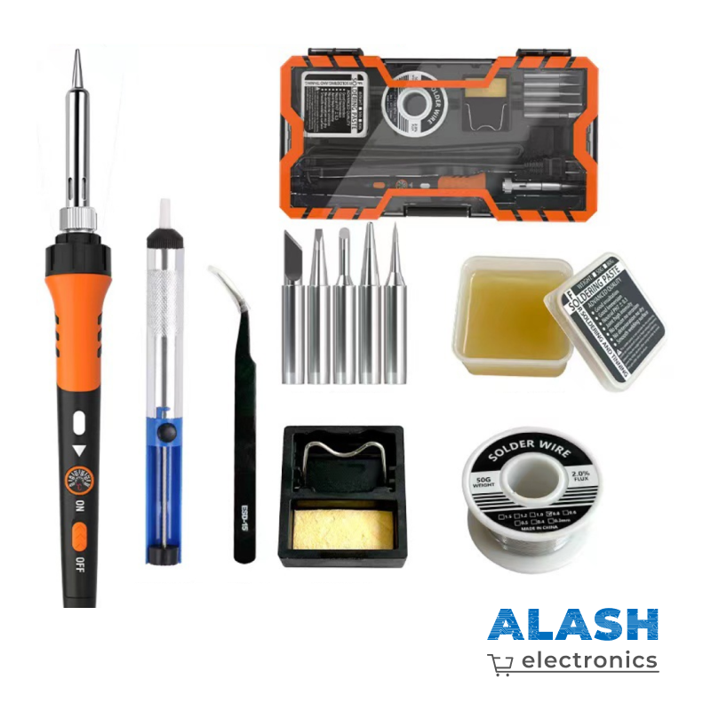 Набор для пайки в кейсе — электрический паяльник с регулировкой температуры, припой, флюс, подставка, инструмент и сменные жала