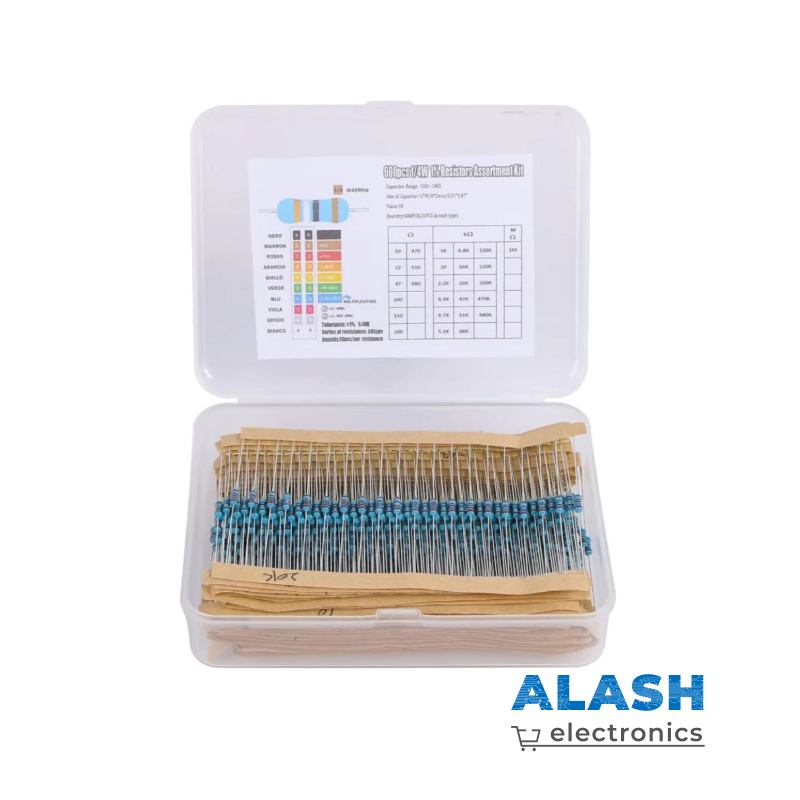 Набор резисторов в коробке 1/4W (0.25W) – 600 шт, 1% точность, 30 номиналов (10Ω–1MΩ) – Ассортимент для Arduino, DIY, схемотехники