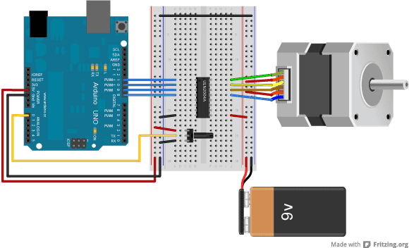 Схема подключения однополярного двигателя с потенциометром (Fritzing)