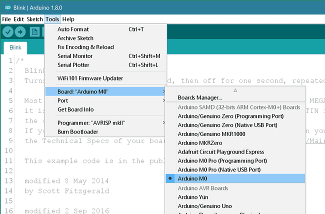 Выбор платы Arduino M0