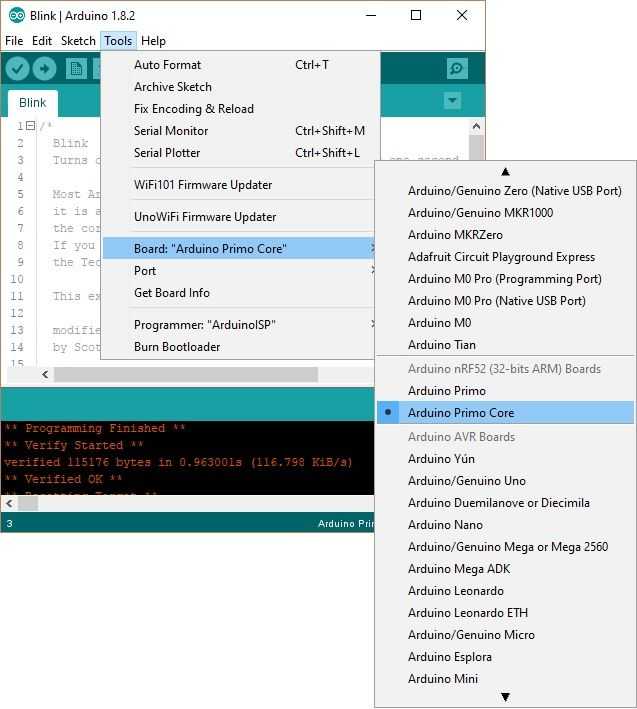Выбор платы Arduino Primo Core