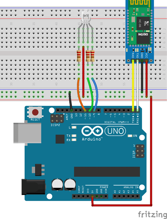 Схема подключения RGB-светодиода с Arduino и Bluetooth-модулем