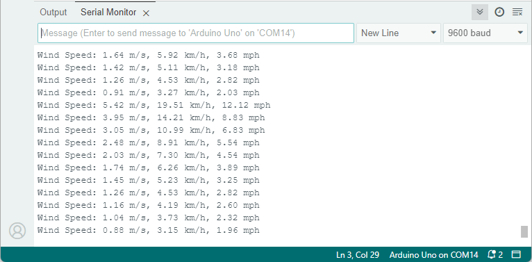 Тестирование ветрового датчика с Arduino — демонстрация Serial Monitor