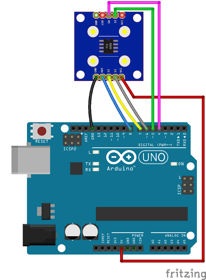 Схема подключения датчика цвета TCS3200 к Arduino