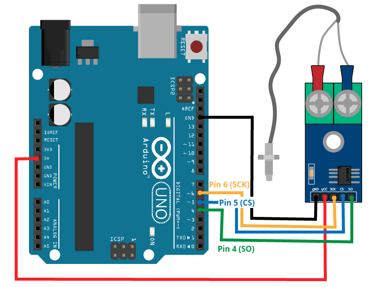 Схема подключения Arduino с термопарой K-типа и усилителем MAX6675