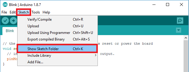 Показать папку скетча в Arduino IDE