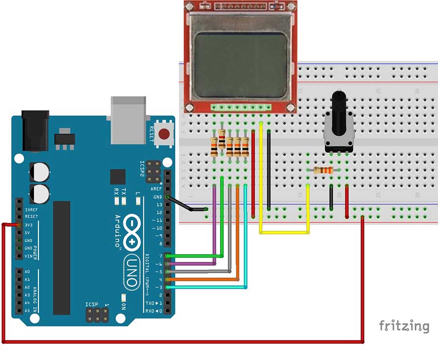 Схема подключения Nokia 5110 к Arduino