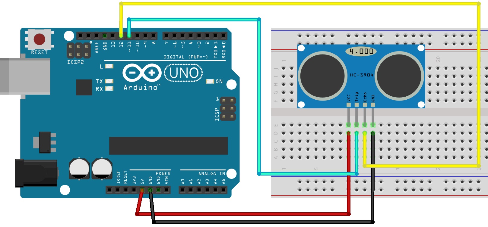 Схема подключения ультразвукового датчика HC-SR04 к Arduino