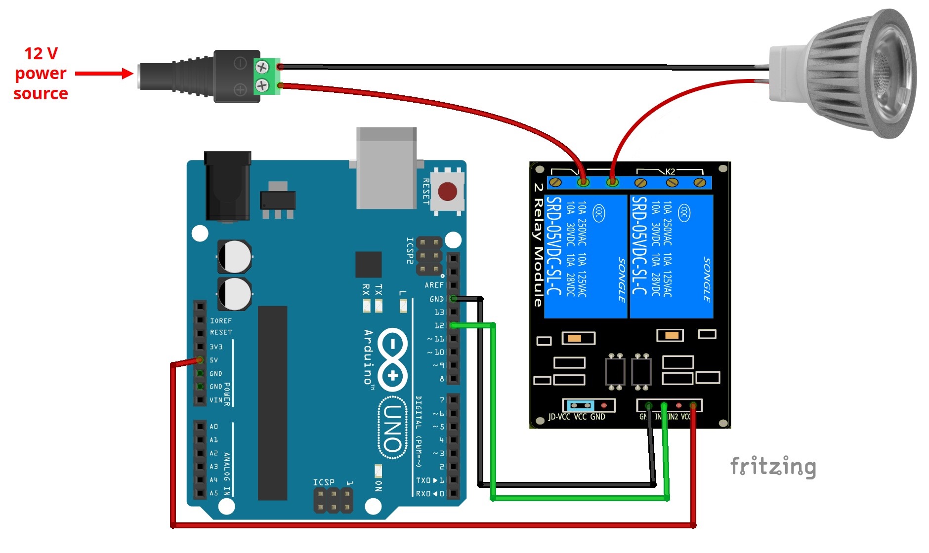 Подключение модуля реле и 12V лампы к Arduino