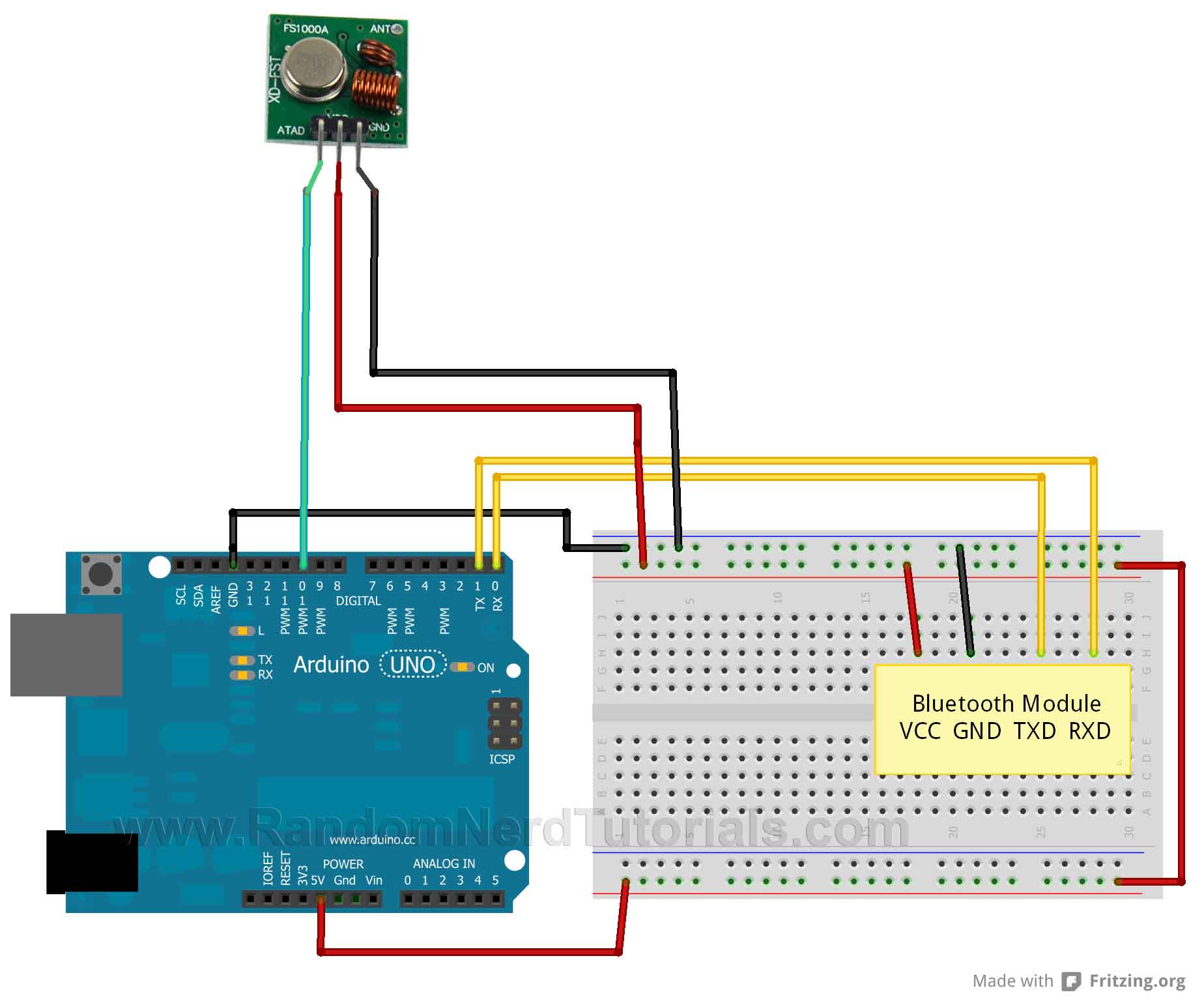 Финальная схема Arduino с Bluetooth-модулем и передатчиком 433 МГц для голосового управления
