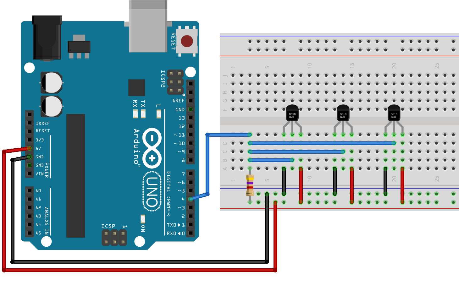 Схема подключения нескольких датчиков температуры DS18B20 к Arduino