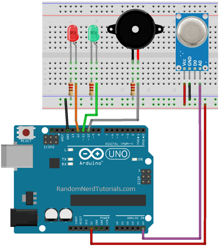 Схема подключения датчика MQ-2 к Arduino с зуммером и светодиодами