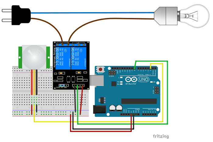 Схема подключения модуля реле с Arduino и PIR-датчиком