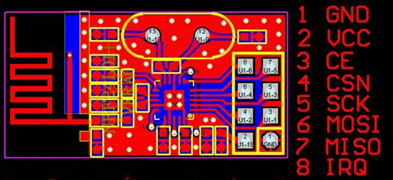 Распиновка NRF24L01, вид сверху