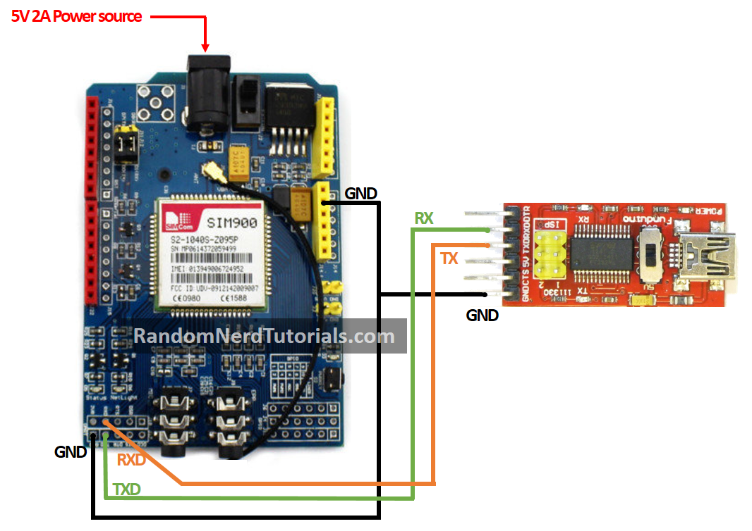 Схема подключения FTDI к SIM900 GSM Shield