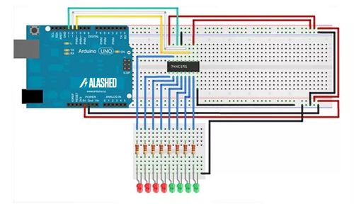 Схема подключения 8 светодиодов с 74HC595