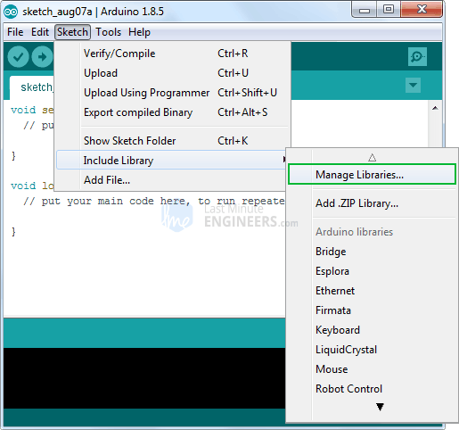 Установка библиотеки Arduino — выбор Manage Libraries в Arduino IDE