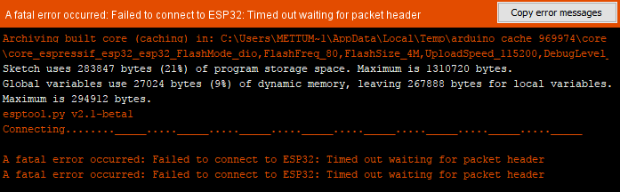 Ошибка Failed to connect to ESP32 при загрузке скетча в Arduino IDE