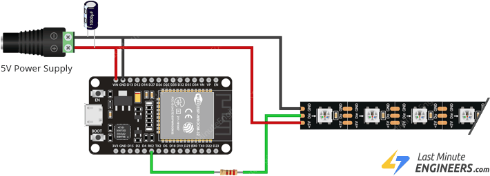 Подключение адресной светодиодной ленты WS2812B к ESP32 с внешним питанием 5В