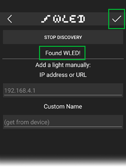 Добавление обнаруженных устройств WLED в приложении