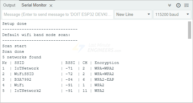 Вывод скетча сканирования WiFi на ESP32