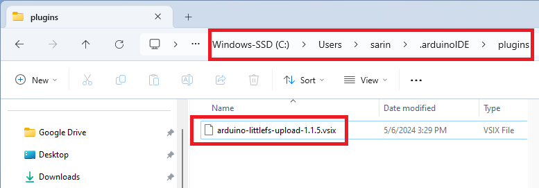 Перемещение загрузчика LittleFS в папку plugins Arduino IDE 2