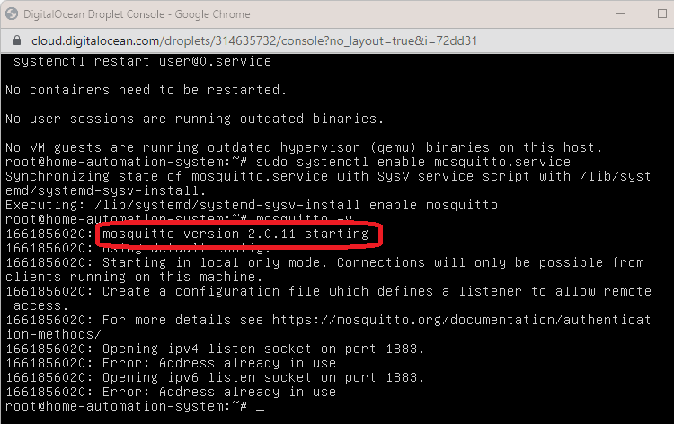 Версия Mosquitto на Droplet Digital Ocean