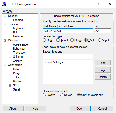 SSH-клиент подключается к серверу Digital Ocean через PuTTY