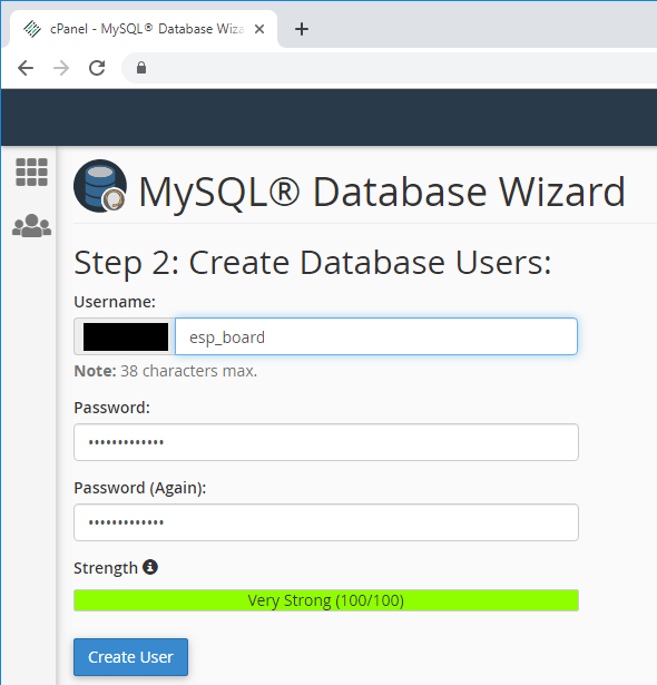 Создание пользователя и пароля MySQL в CPanel ESP32 ESP8266