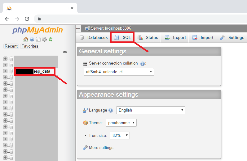 Открытие базы данных в phpMyAdmin ESP32 ESP8266