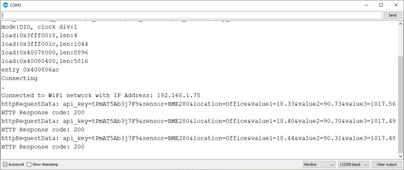 Вывод монитора последовательного порта Arduino IDE для метеостанции ESP32 ESP8266