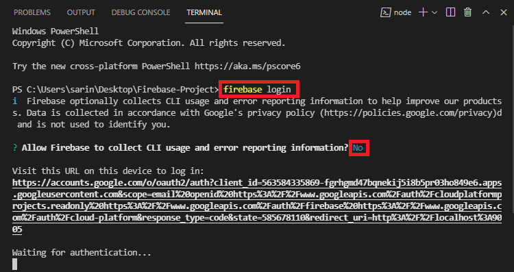 Вход в Firebase VS Code окно терминала