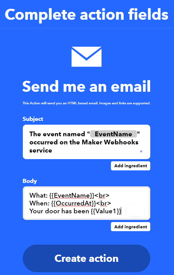 IFTTT Создание апплета - настройка полей действия eventName