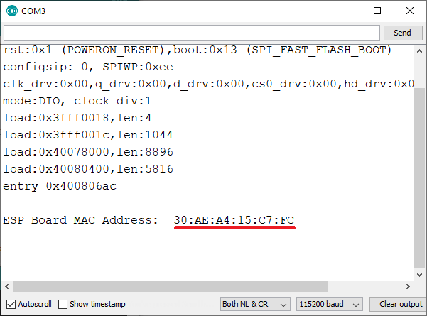 MAC-адрес платы ESP32 в мониторе порта Arduino IDE