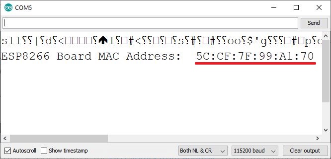 Получение MAC-адреса платы-приемника ESP8266 NodeMCU в мониторе последовательного порта