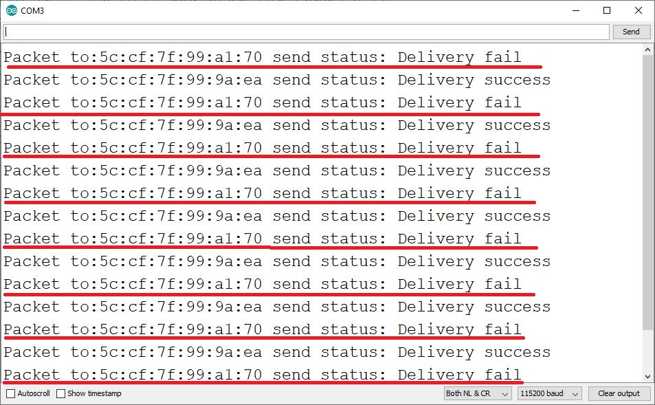 ESP8266 NodeMCU ESP-NOW — отправка данных на несколько плат, статус доставки Failed в мониторе последовательного порта