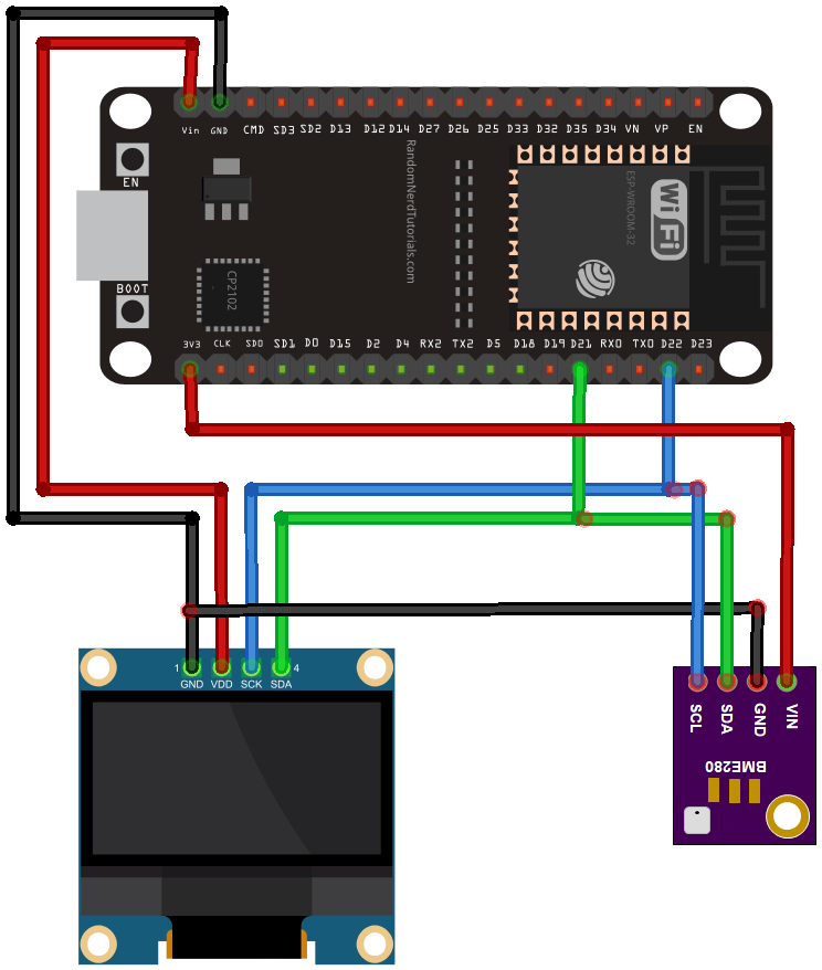 Схема подключения ESP32 к датчику BME280 и OLED-дисплею