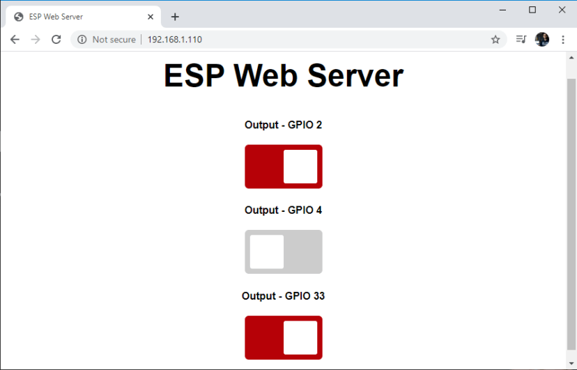 ESP32 асинхронный веб-сервер управление выходами -- демонстрация в веб-браузере