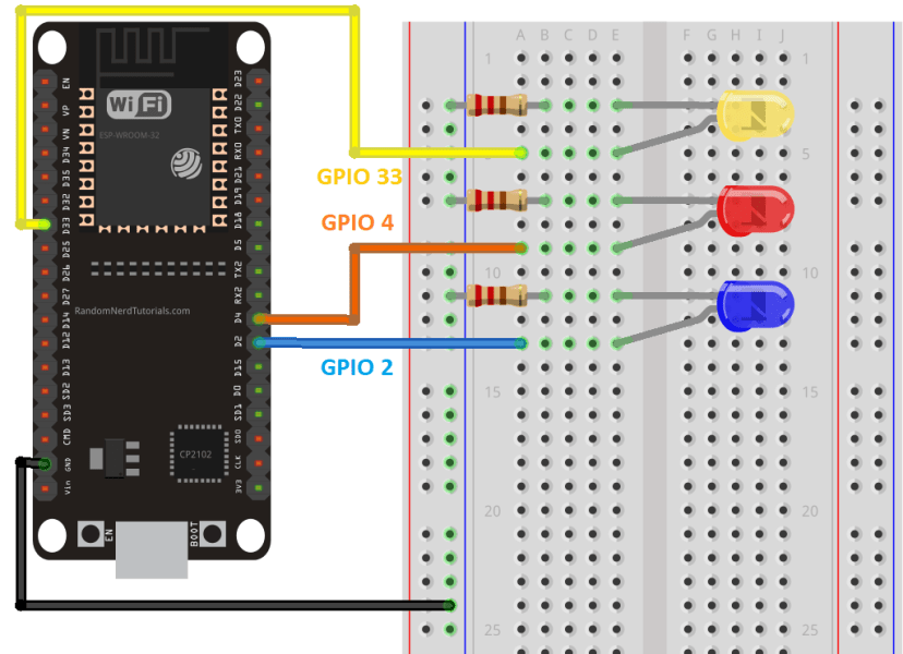 ESP32 схема подключения трёх светодиодов