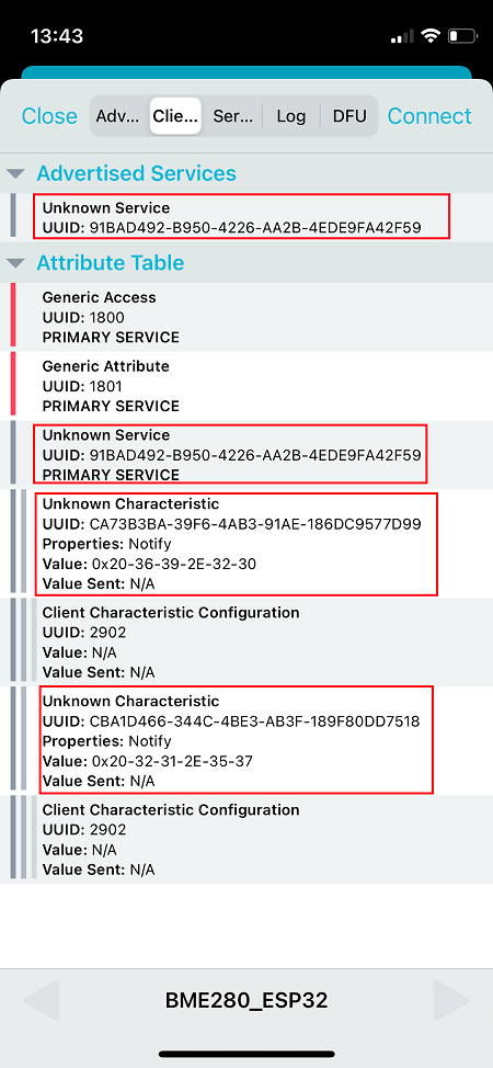 Характеристики ESP32 BLE-сервера в приложении nRF Connect