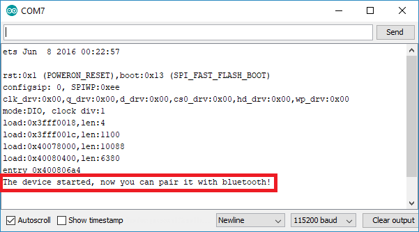 Тестирование проекта Bluetooth Classic ESP32 -- устройство запущено