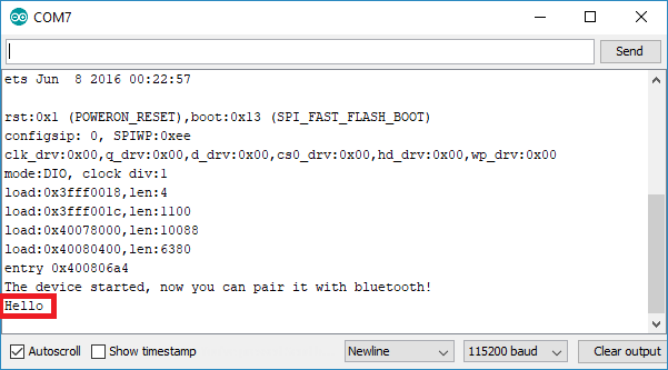Сообщение Hello получено в Serial Monitor Arduino IDE