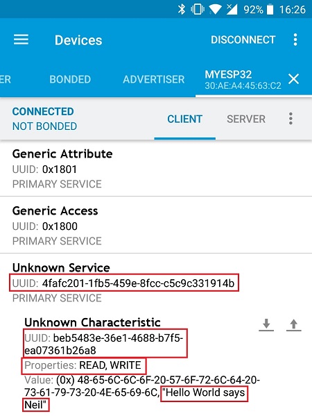 Сервис и характеристика BLE-сервера ESP32 в nRF Connect