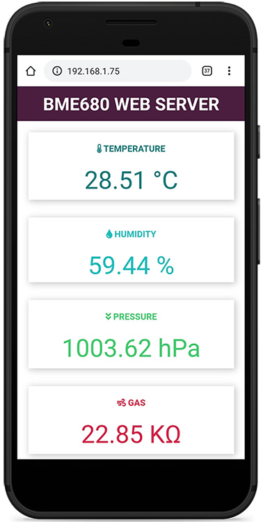 Демонстрация веб-сервера ESP32 с датчиком газа BME680 на мобильном устройстве