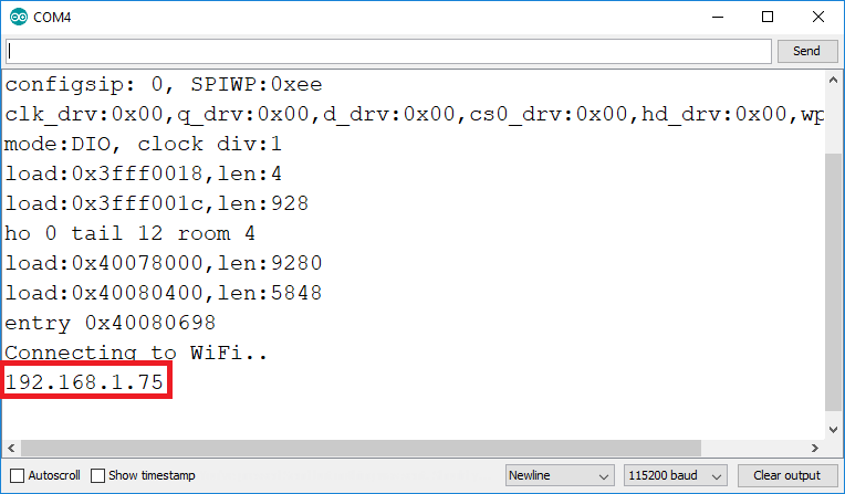 IP-адрес ESP32 в мониторе последовательного порта Arduino IDE