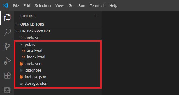 Файлы проекта Firebase Web App с хранилищем в VS Code