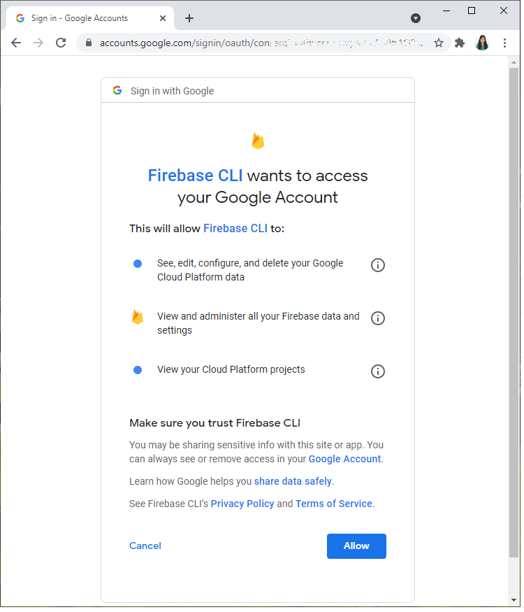 Разрешение доступа Firebase CLI к учётной записи Google
