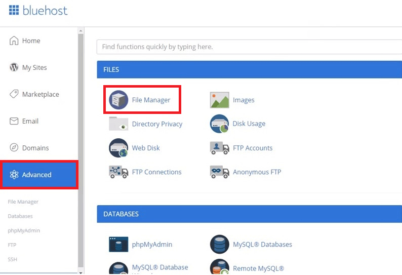 Bluehost открытие Advanced и File Manager для создания upload.php