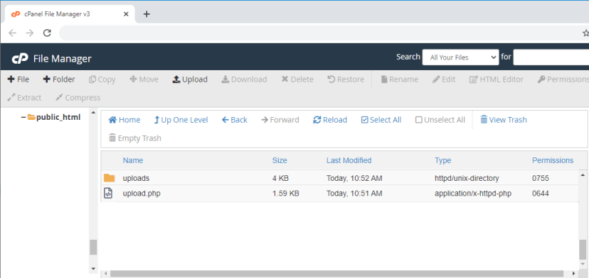 Новые файлы PHP cPanel и папка uploads созданы
